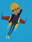 Character flying while wearing a rocket pack