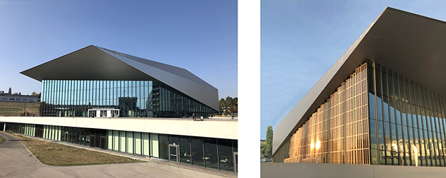 side by side images of building exterior with huge sloping roofs and walls of integrated die-sensitized solar Cells