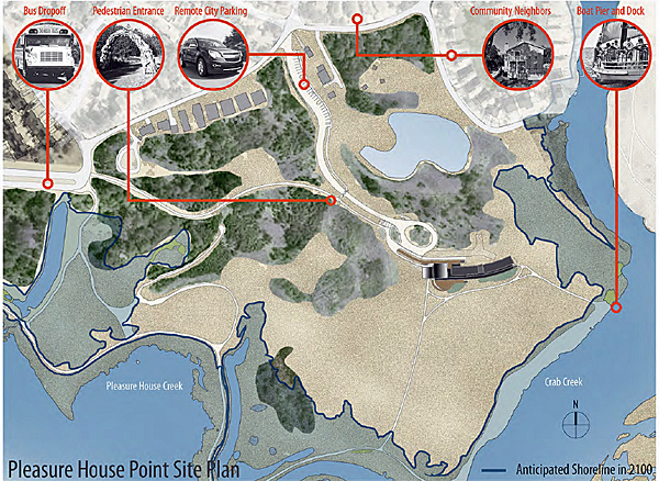 Aerial map of the Pleasure House Point Site Plan, anticipated shoreline in 2100